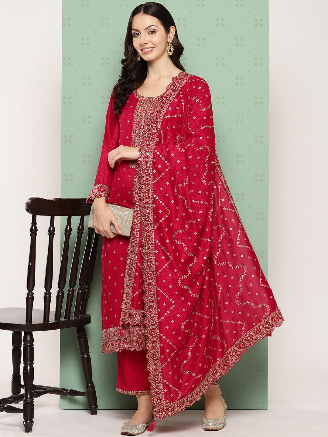 Pink Embroidered Silk Blend Straight Suit With Dupatta