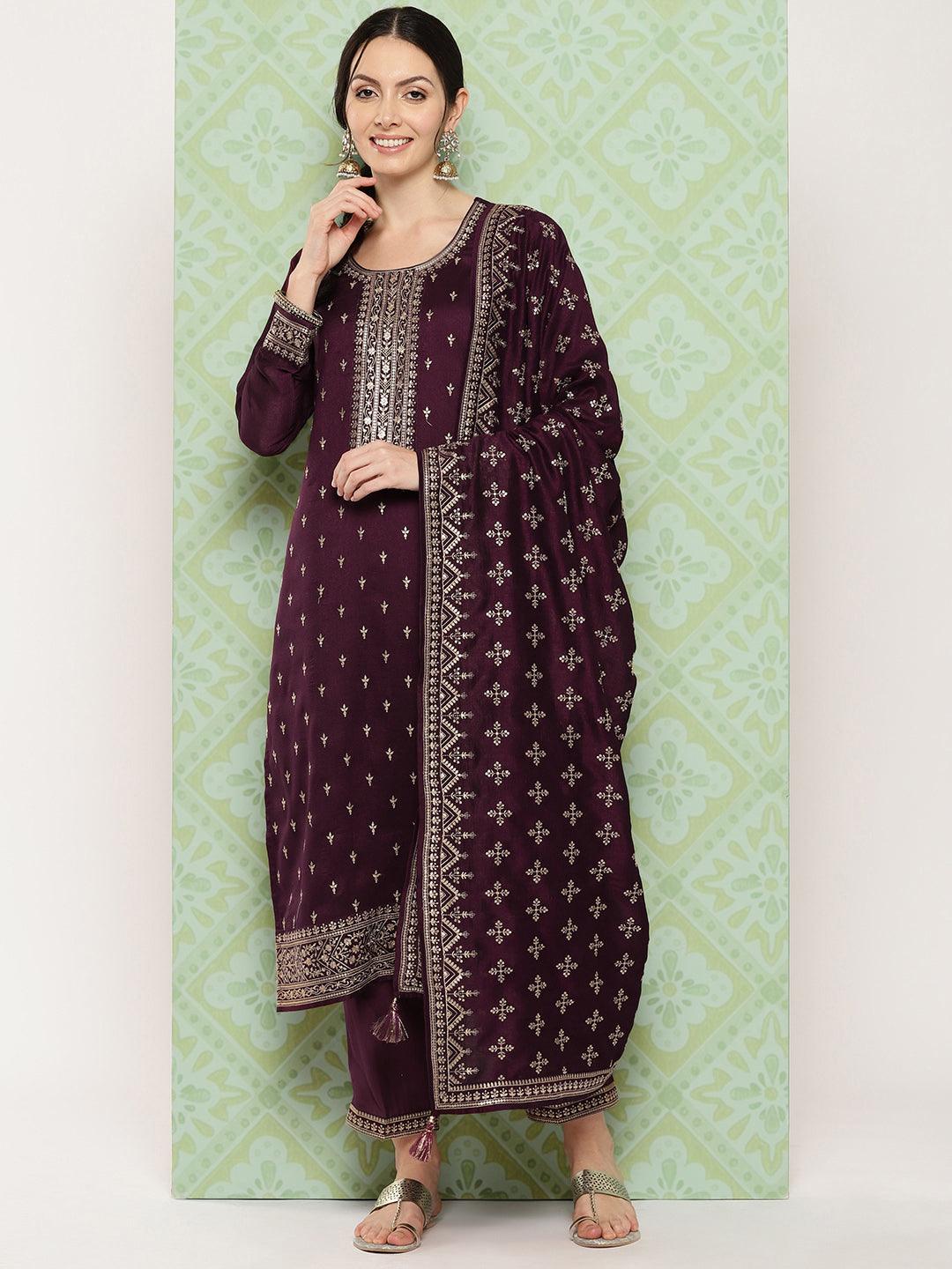 Burgundy Embroidered Silk Blend Straight Kurta With Trousers & Dupatta - ShopLibas