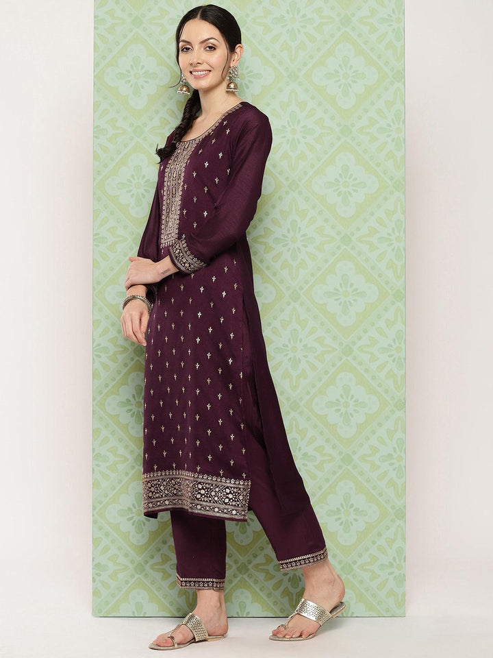 Burgundy Embroidered Silk Blend Straight Kurta With Trousers & Dupatta - ShopLibas