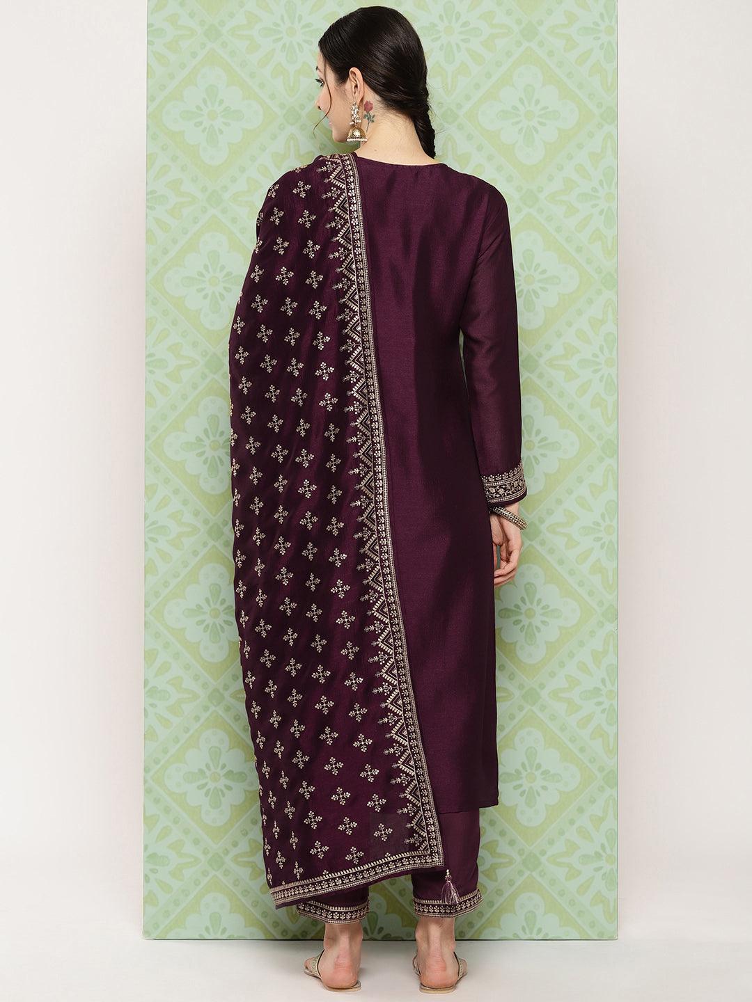 Burgundy Embroidered Silk Blend Straight Kurta With Trousers & Dupatta - ShopLibas