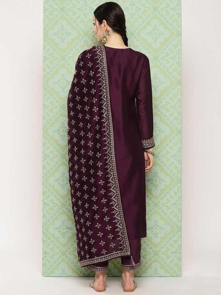 Burgundy Embroidered Silk Blend Straight Kurta With Trousers & Dupatta - ShopLibas