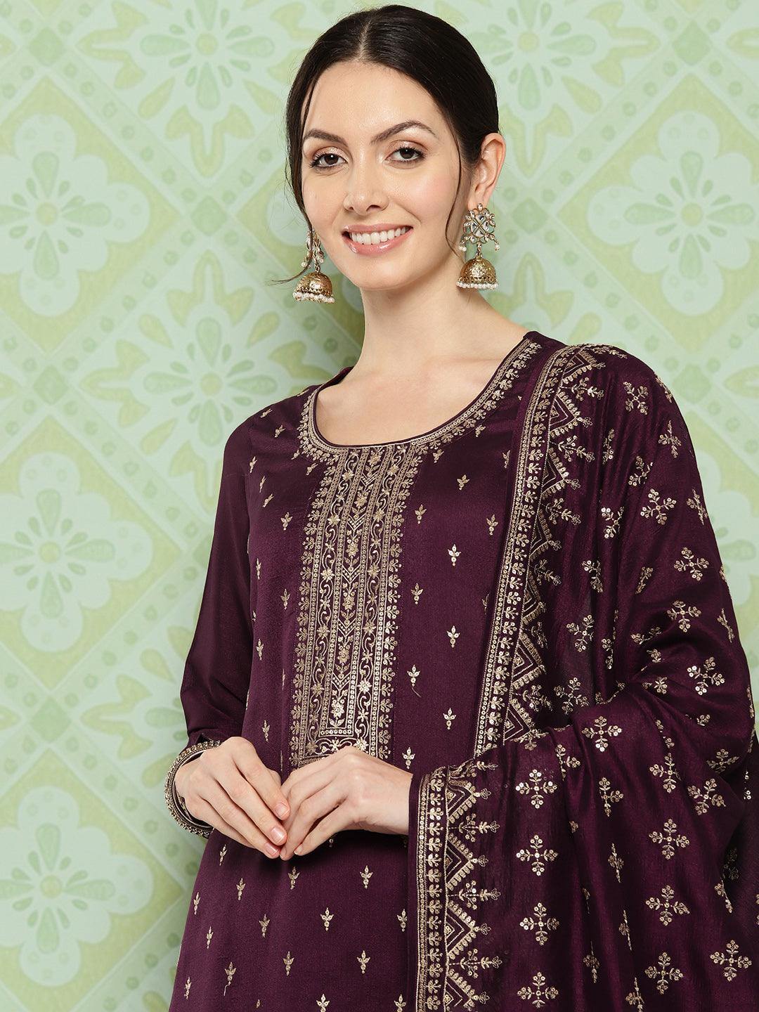 Burgundy Embroidered Silk Blend Straight Kurta With Trousers & Dupatta - ShopLibas