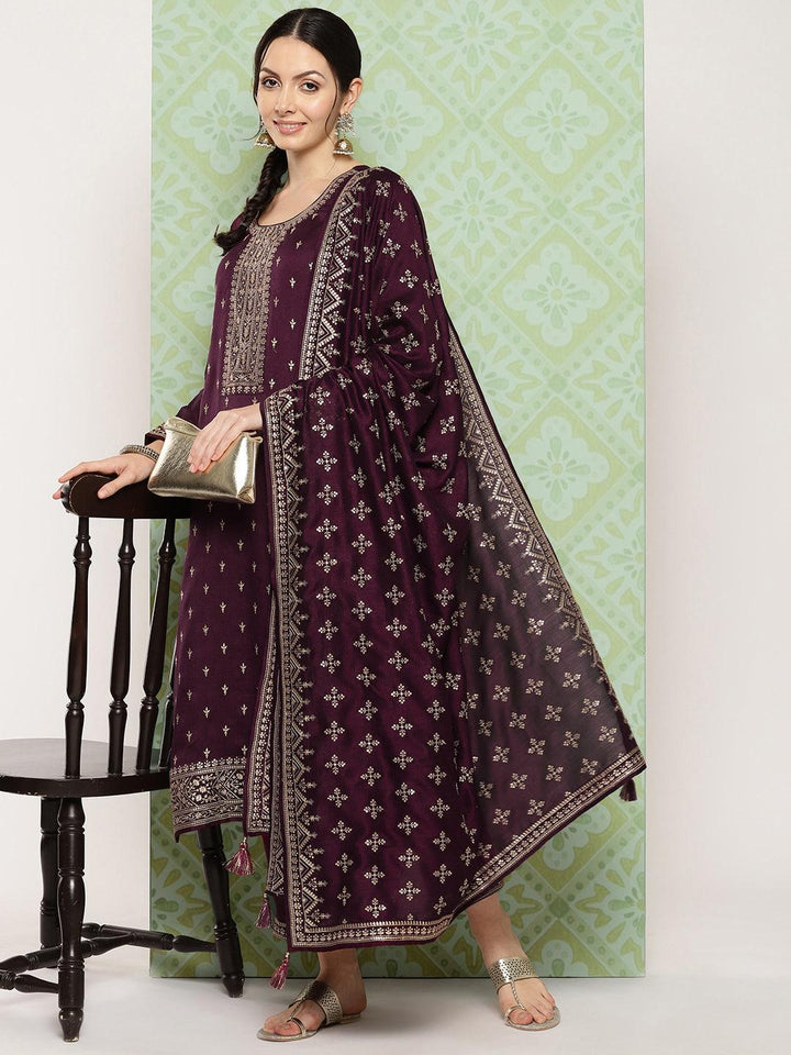 Burgundy Embroidered Silk Blend Straight Kurta With Trousers & Dupatta - ShopLibas