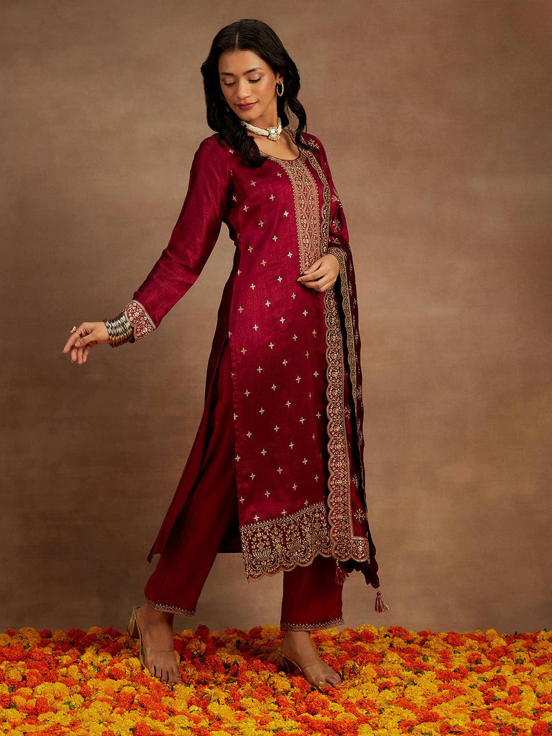 Fuchsia Embroidered Silk Blend Straight Suit With Dupatta