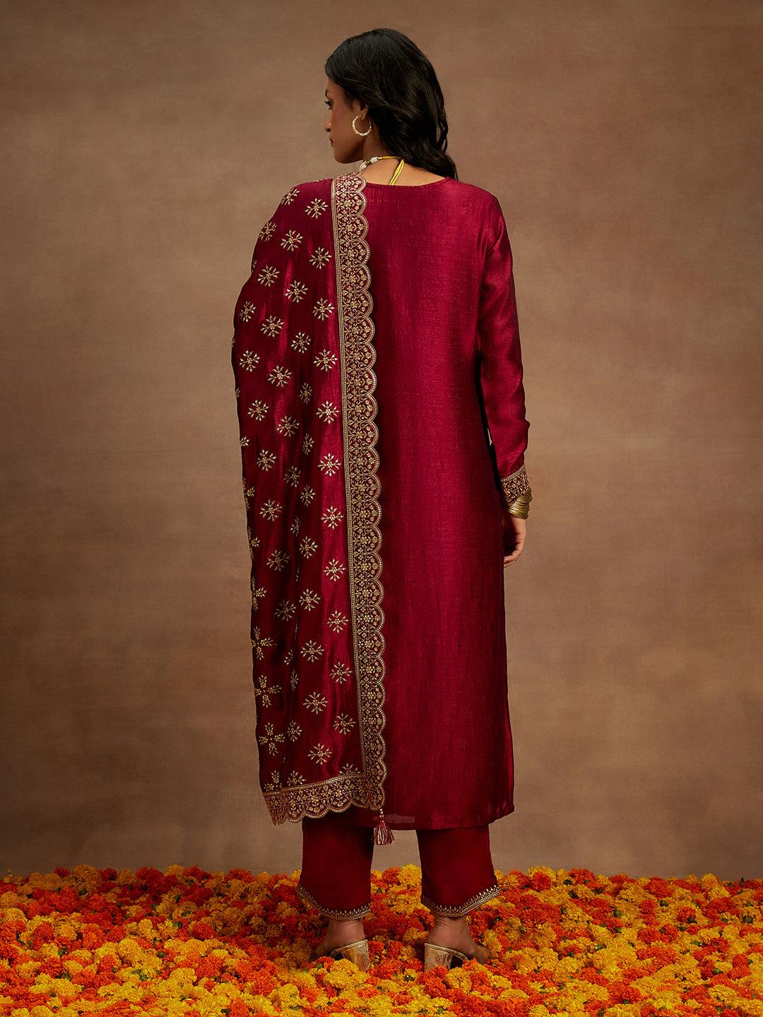 Fuchsia Embroidered Silk Blend Straight Kurta With Trousers & Dupatta - ShopLibas