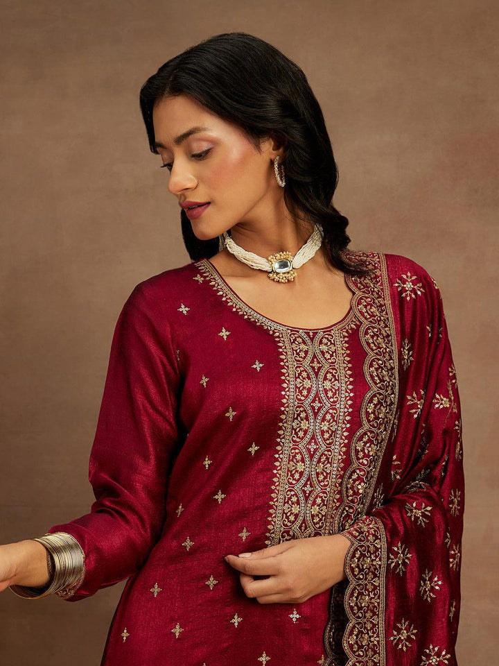 Fuchsia Embroidered Silk Blend Straight Kurta With Trousers & Dupatta - ShopLibas