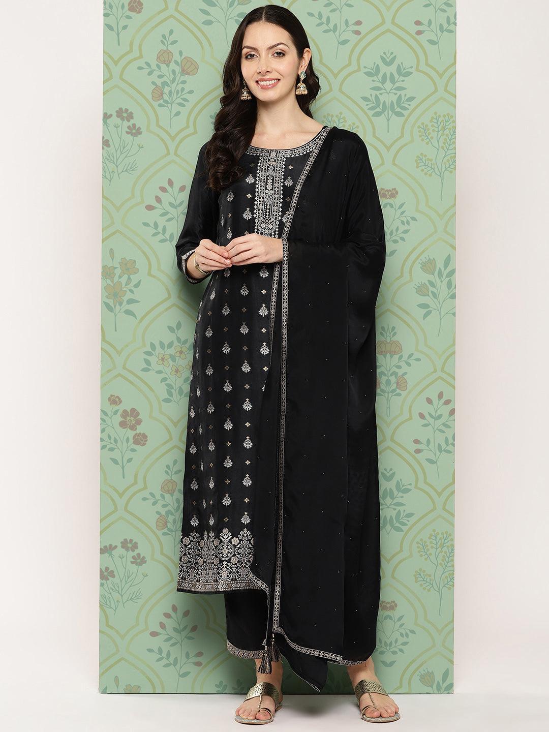 Black Woven Design Silk Blend Straight Suit With Dupatta