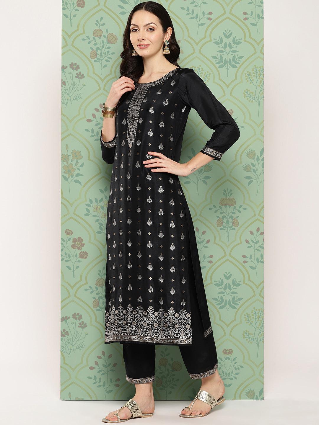 Black Woven Design Silk Blend Straight Suit With Dupatta