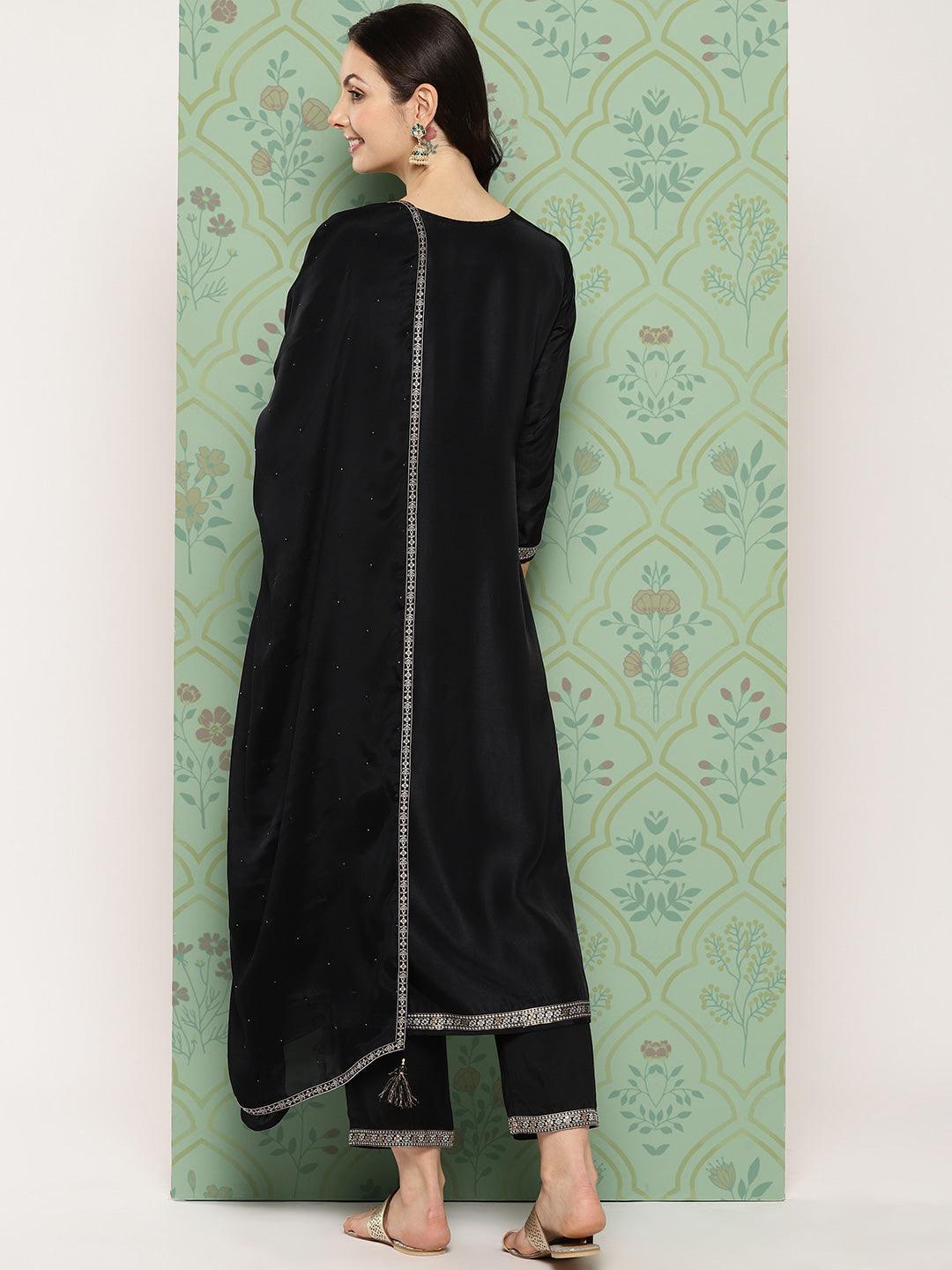 Black Woven Design Silk Blend Straight Suit With Dupatta