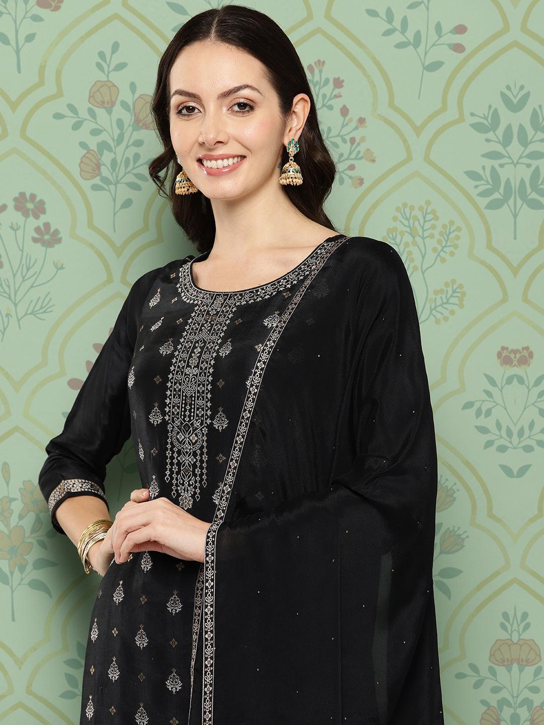 Black Woven Design Silk Blend Straight Suit With Dupatta