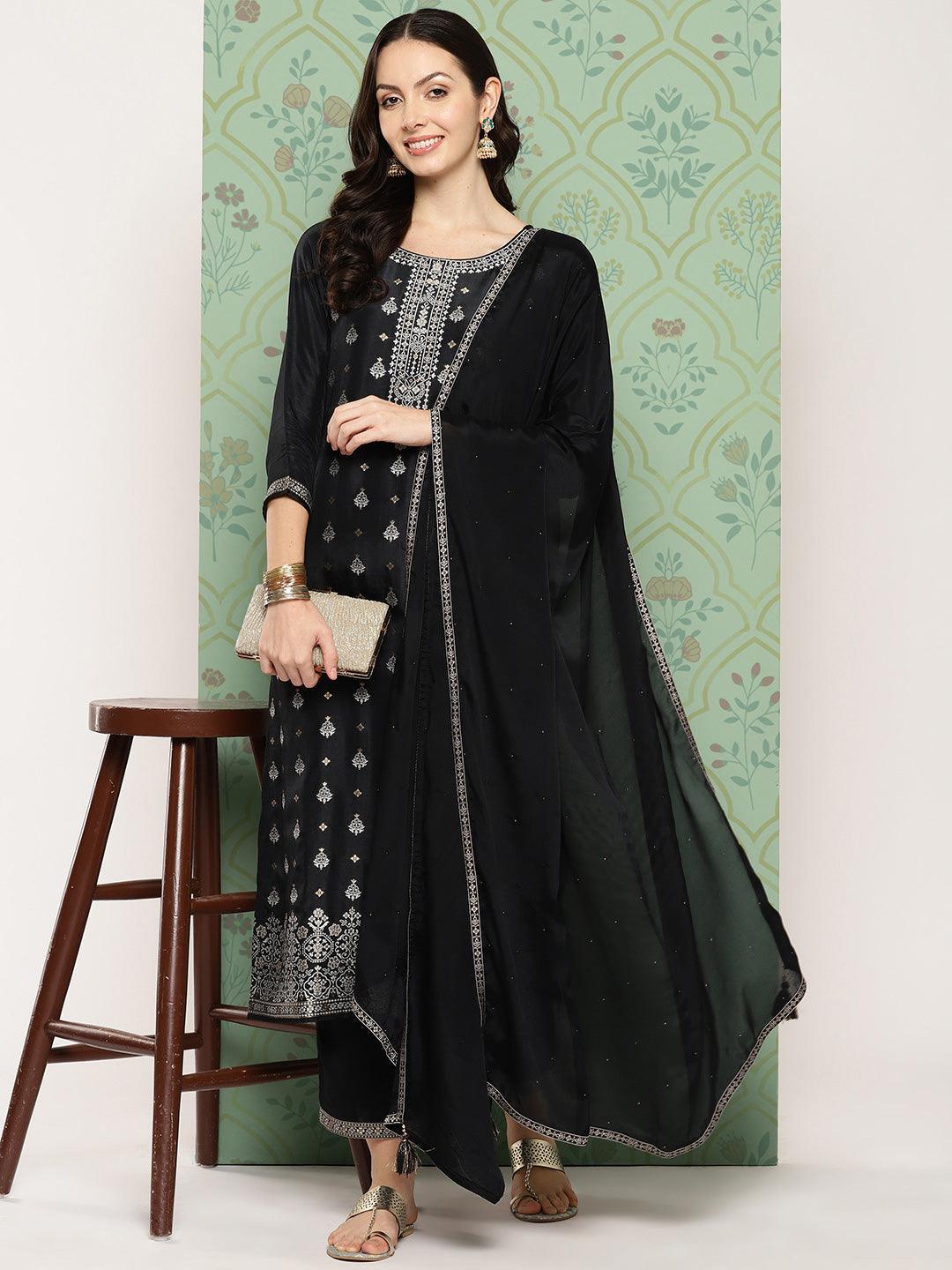 Black Woven Design Silk Blend Straight Suit With Dupatta