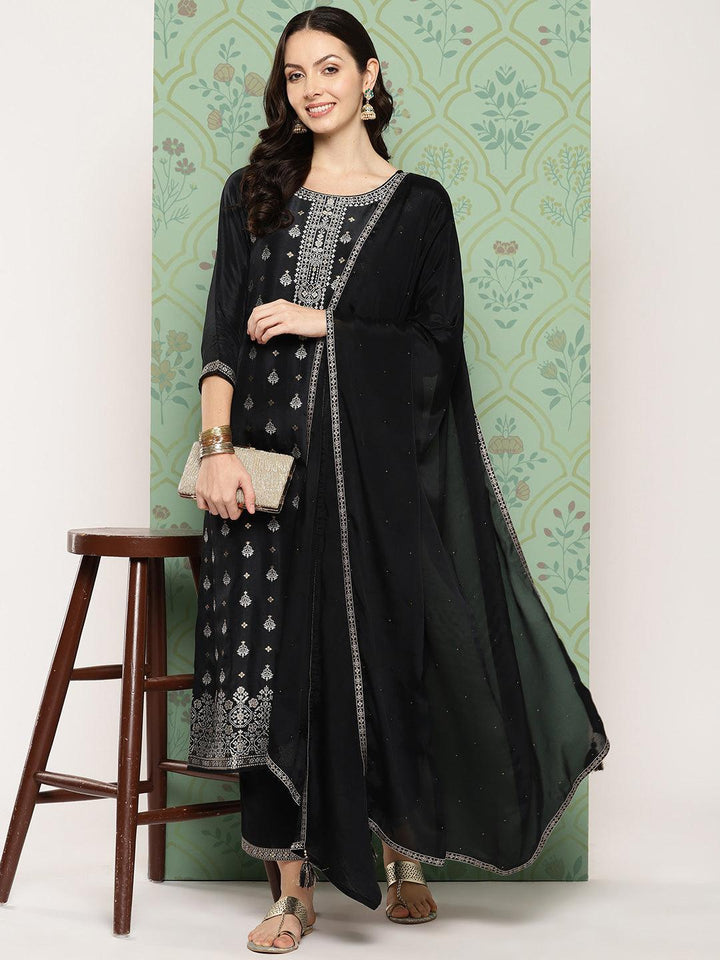 Black Woven Design Silk Blend Straight Kurta With Trousers & Dupatta - ShopLibas