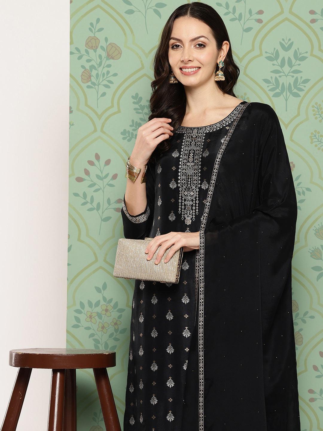 Black Woven Design Silk Blend Straight Suit With Dupatta