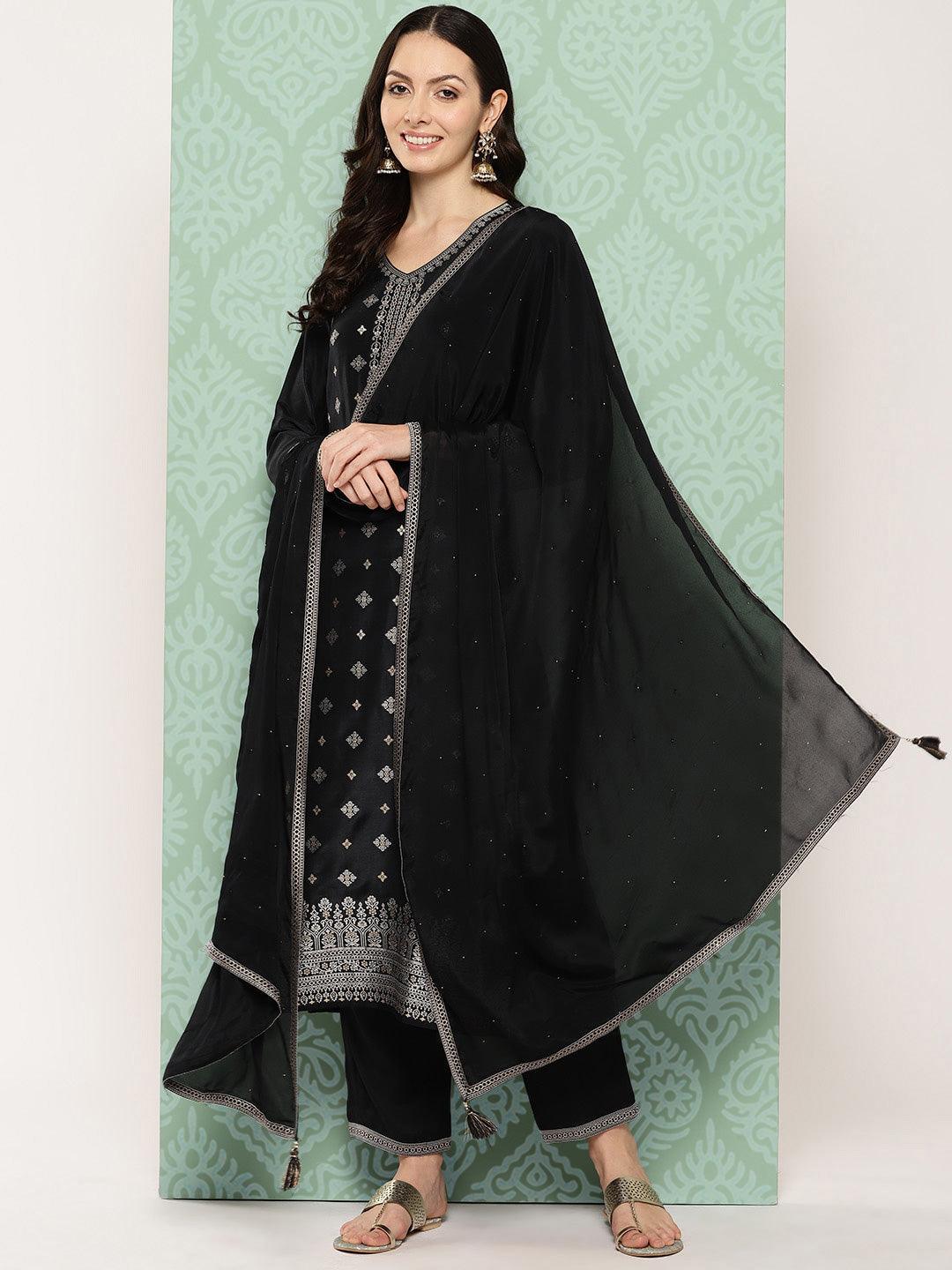 Black Woven Design Silk Blend Straight Kurta With Trousers & Dupatta - ShopLibas