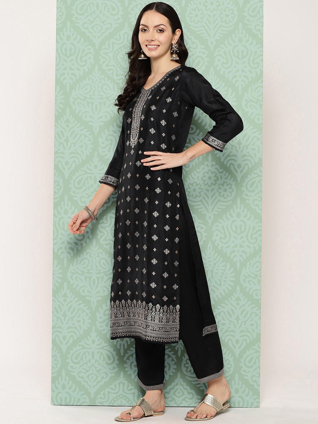 Black Woven Design Silk Blend Straight Kurta With Trousers & Dupatta - ShopLibas