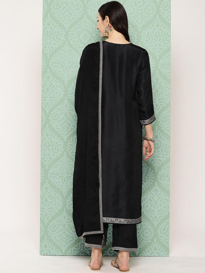 Black Woven Design Silk Blend Straight Kurta With Trousers & Dupatta - ShopLibas