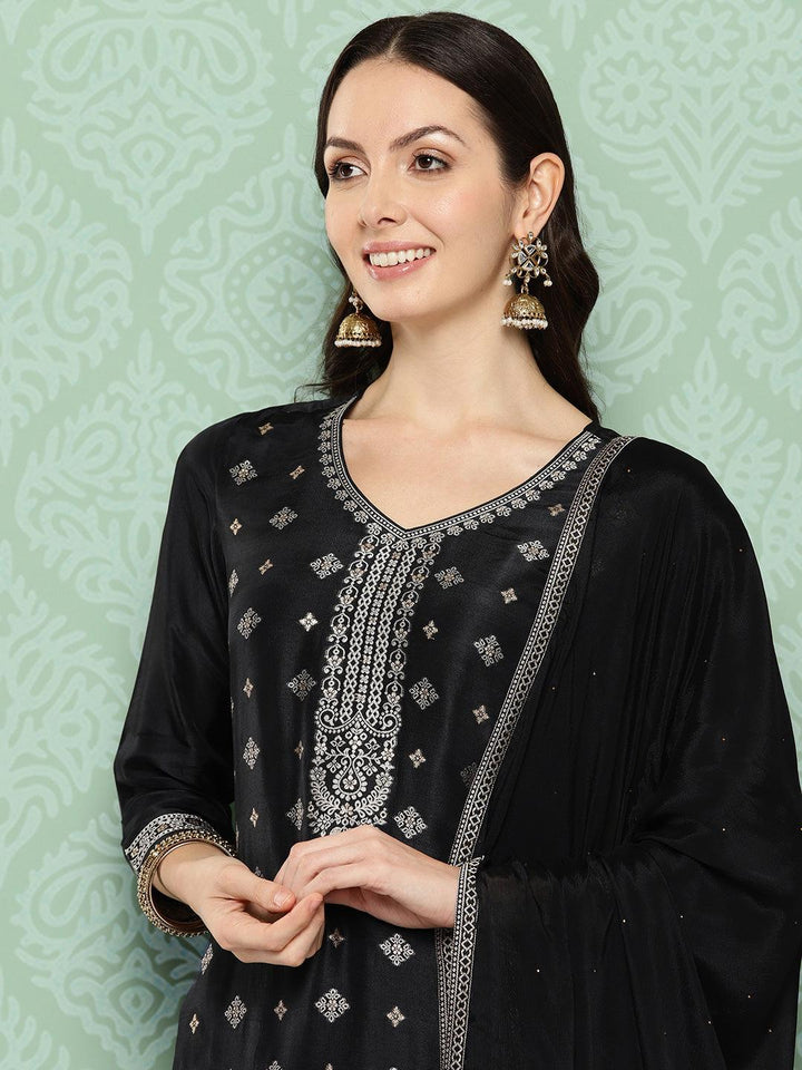 Black Woven Design Silk Blend Straight Kurta With Trousers & Dupatta - ShopLibas