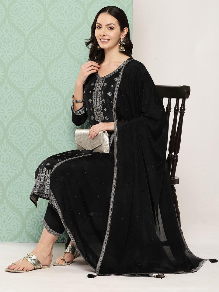 Black Woven Design Silk Blend Straight Kurta With Trousers & Dupatta - ShopLibas