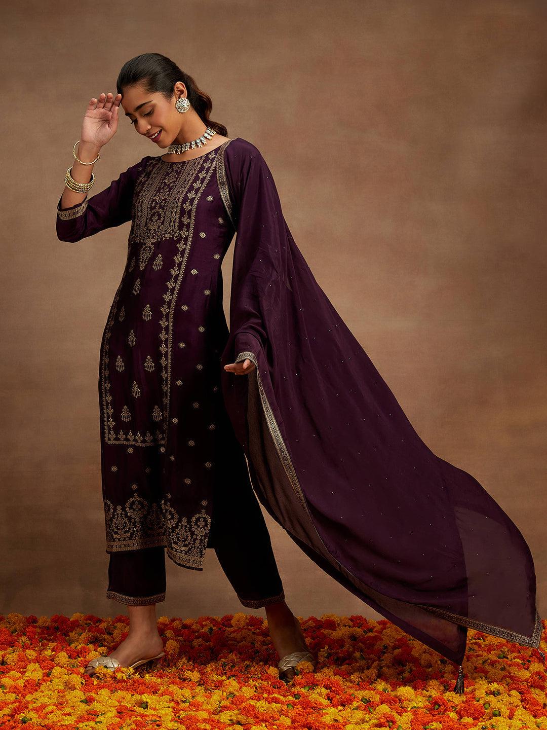 Wine Woven Design Silk Blend Straight Suit With Dupatta