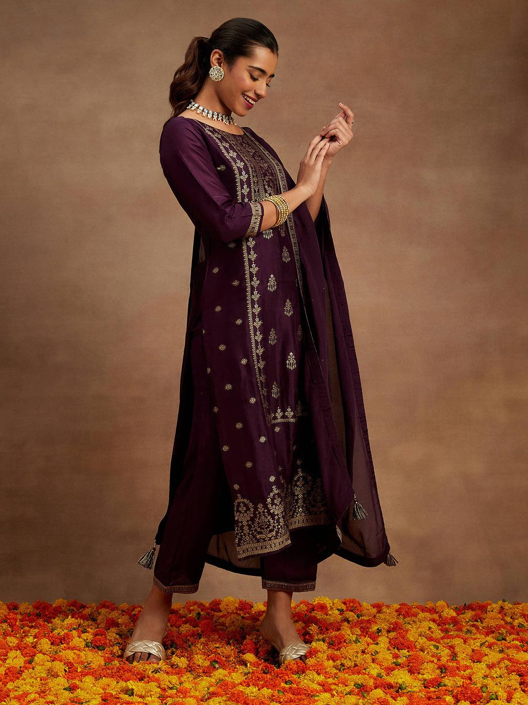 Wine Woven Design Silk Blend Straight Suit With Dupatta