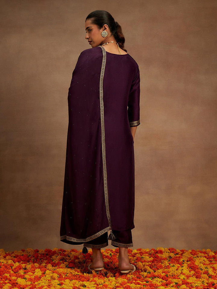 Wine Woven Design Silk Blend Straight Kurta With Trousers & Dupatta - ShopLibas