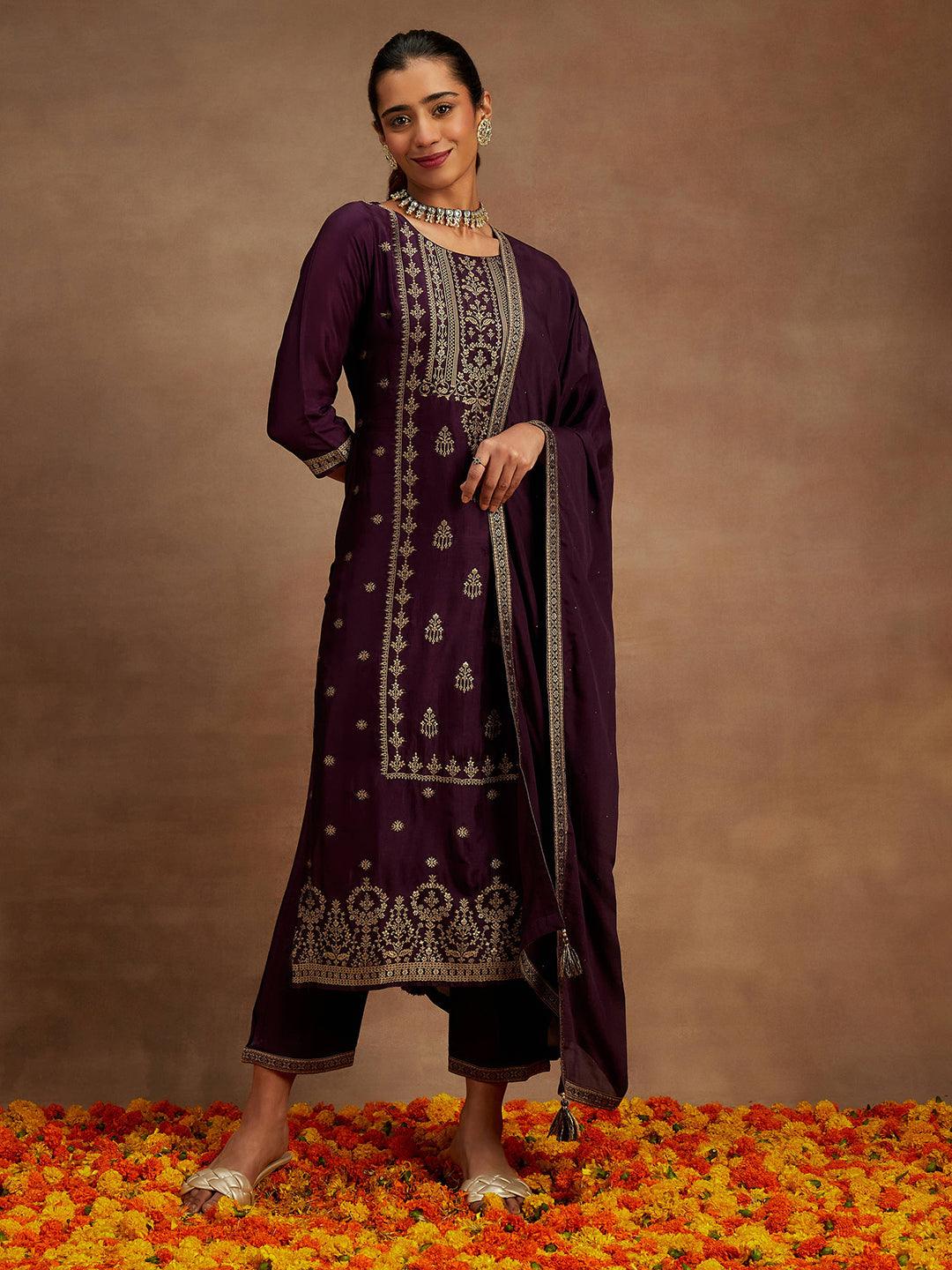 Wine Woven Design Silk Blend Straight Suit With Dupatta