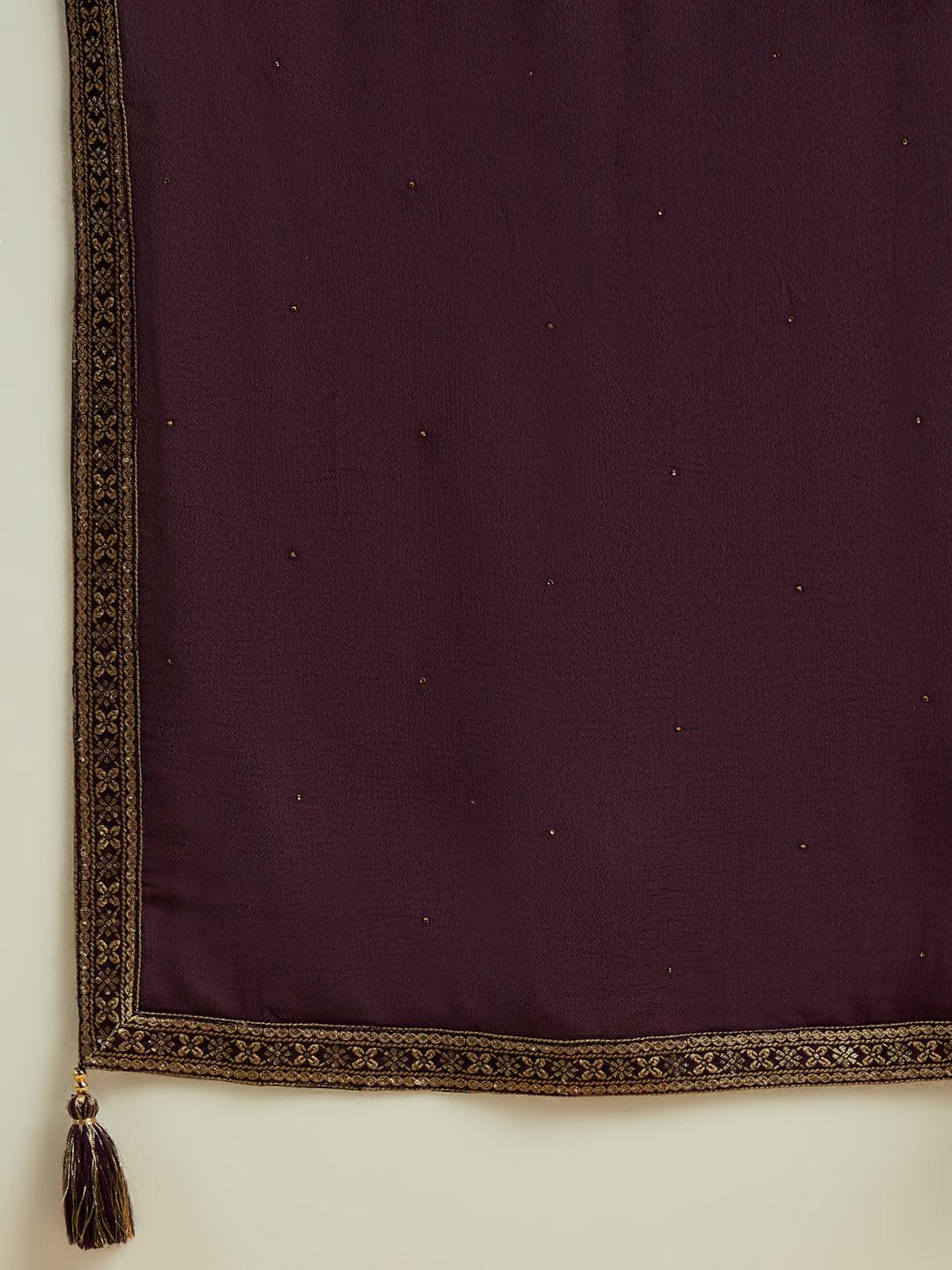 Wine Woven Design Silk Blend Straight Suit With Dupatta