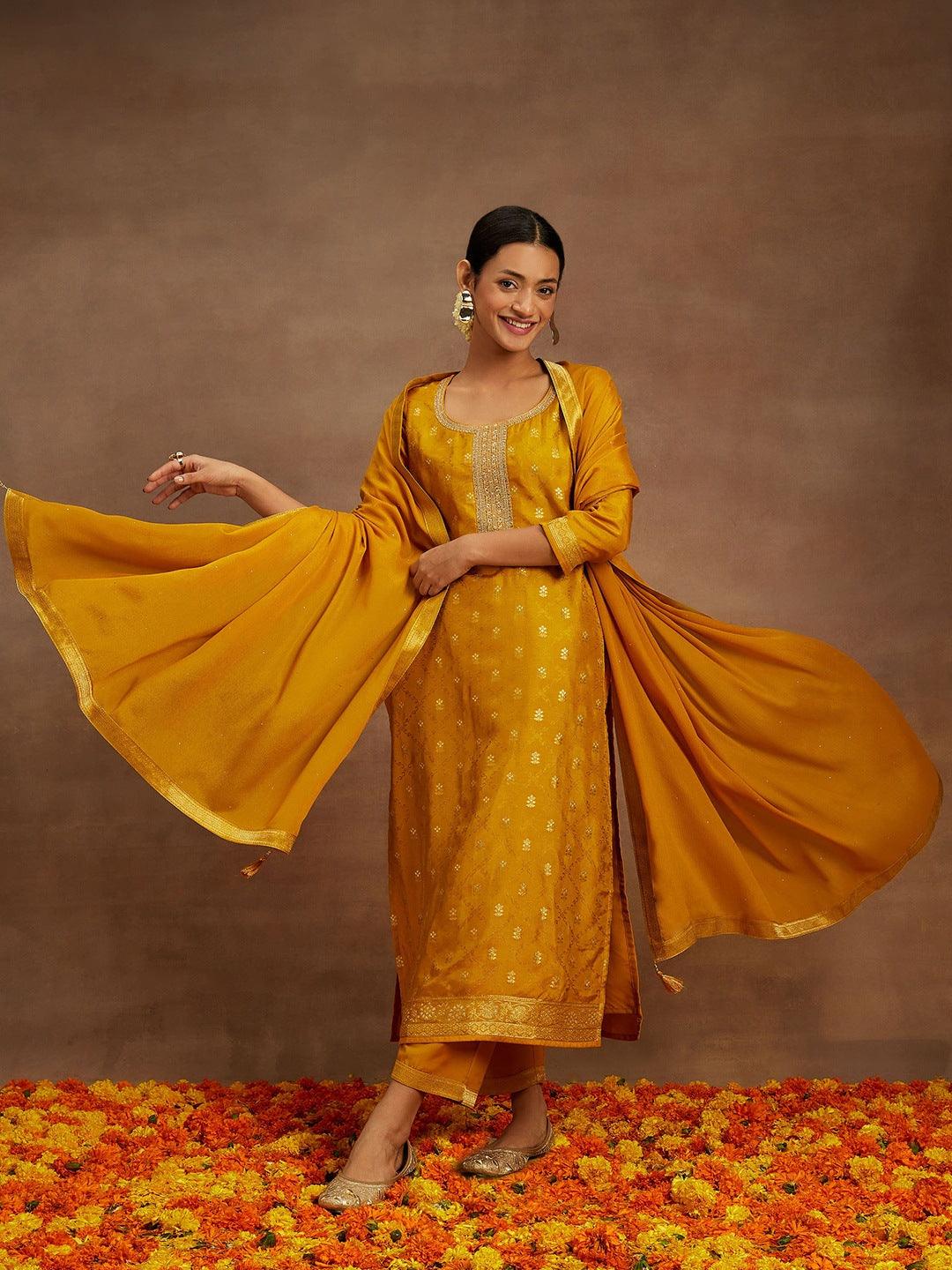 Mustard Printed Silk Blend Straight Suit With Dupatta