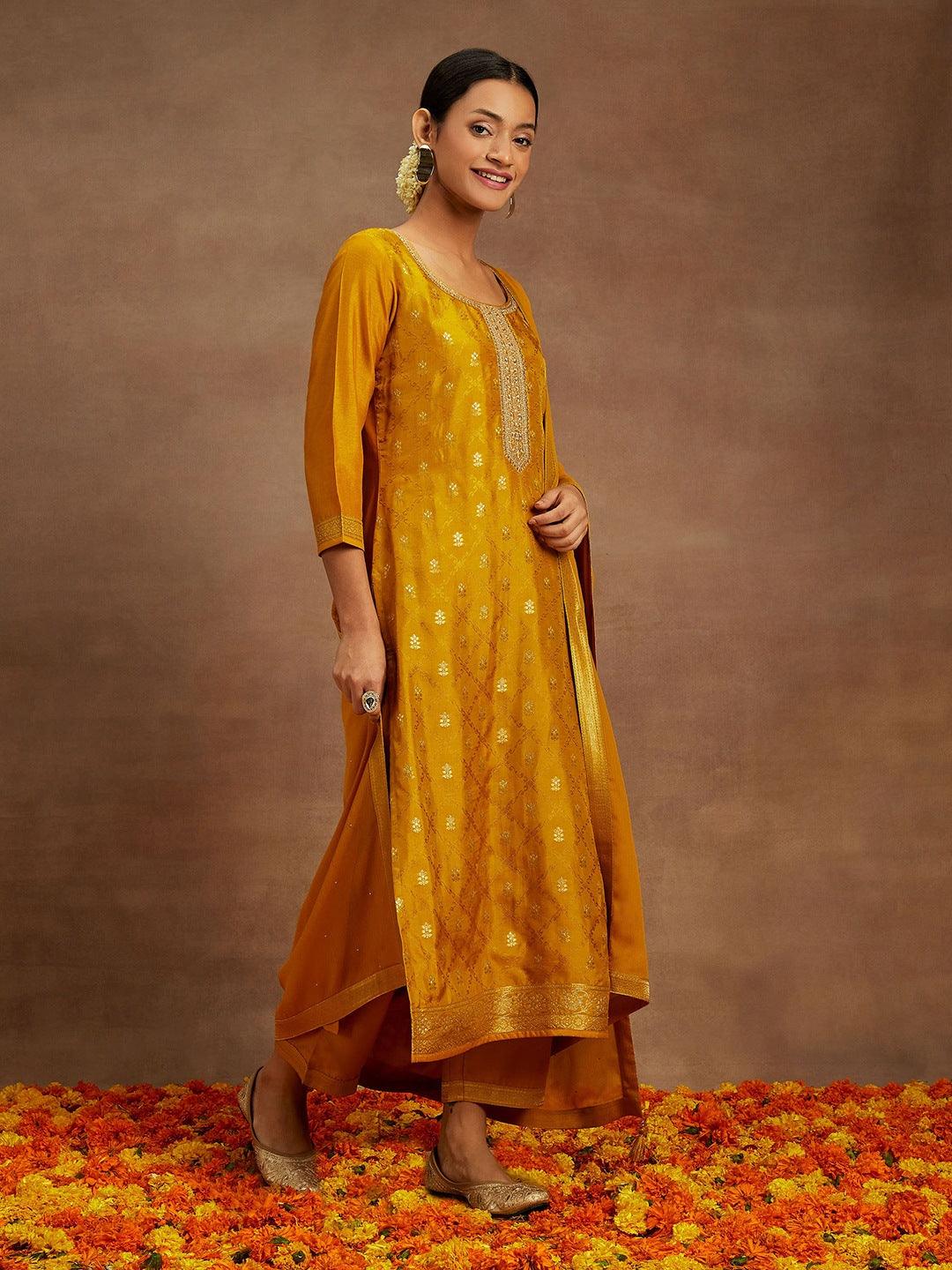 Mustard Printed Silk Blend Straight Suit With Dupatta