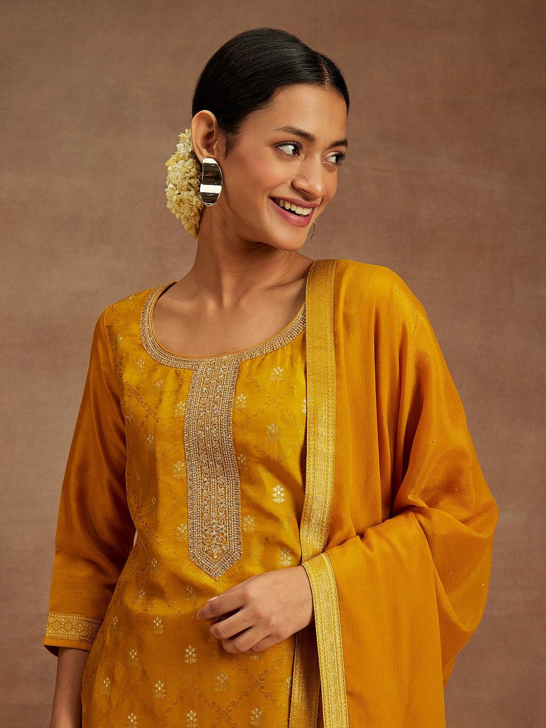 Mustard Printed Silk Blend Straight Suit With Dupatta