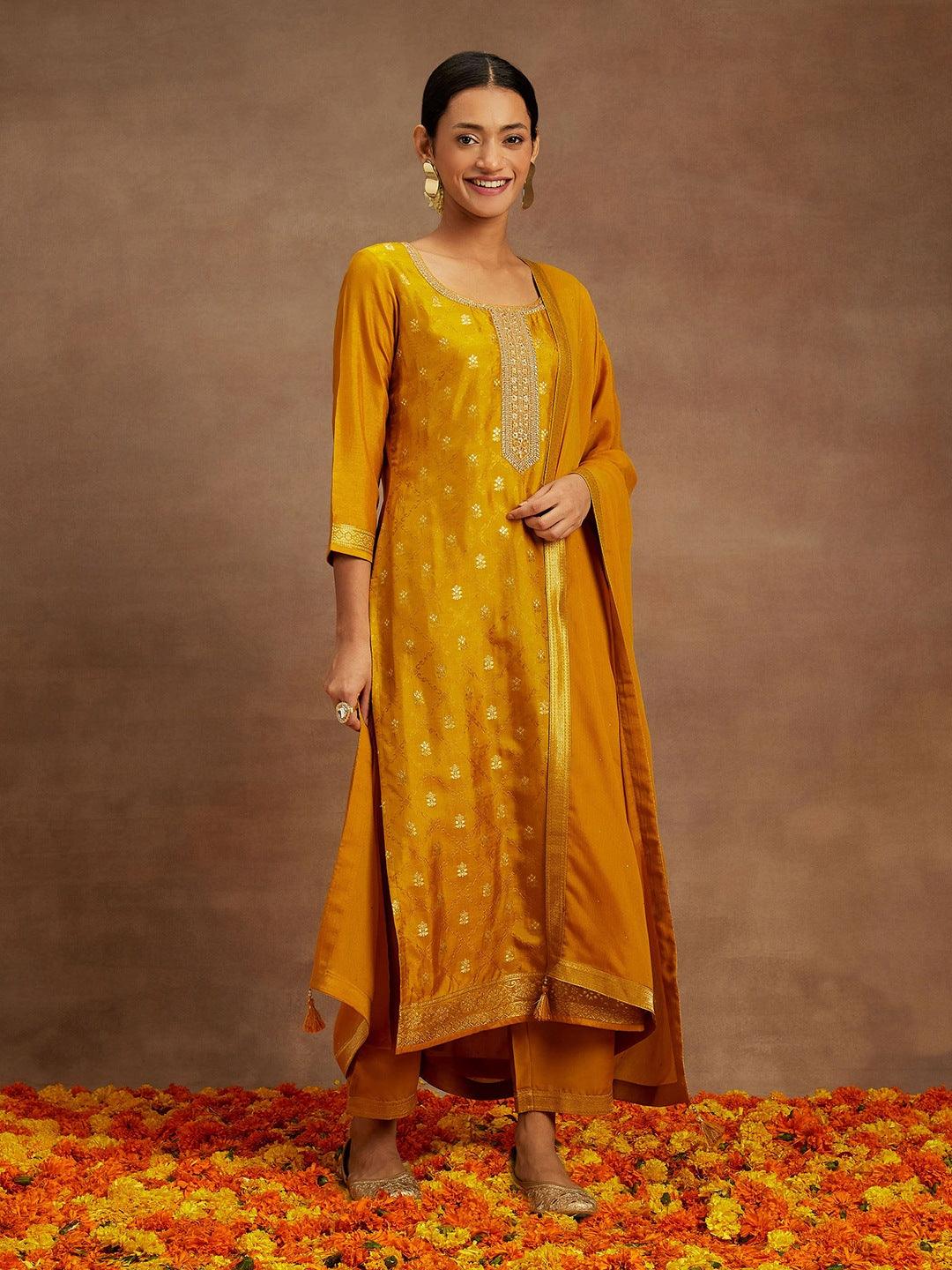 Mustard Printed Silk Blend Straight Suit With Dupatta