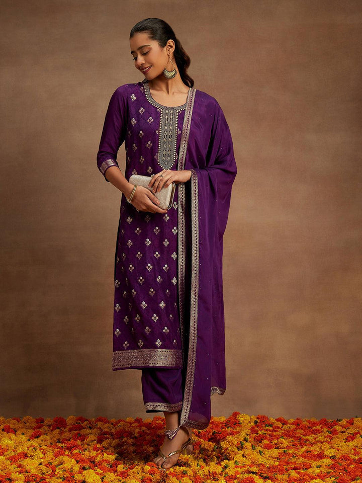 Purple Woven Design Silk Blend Straight Kurta With Trousers & Dupatta - ShopLibas