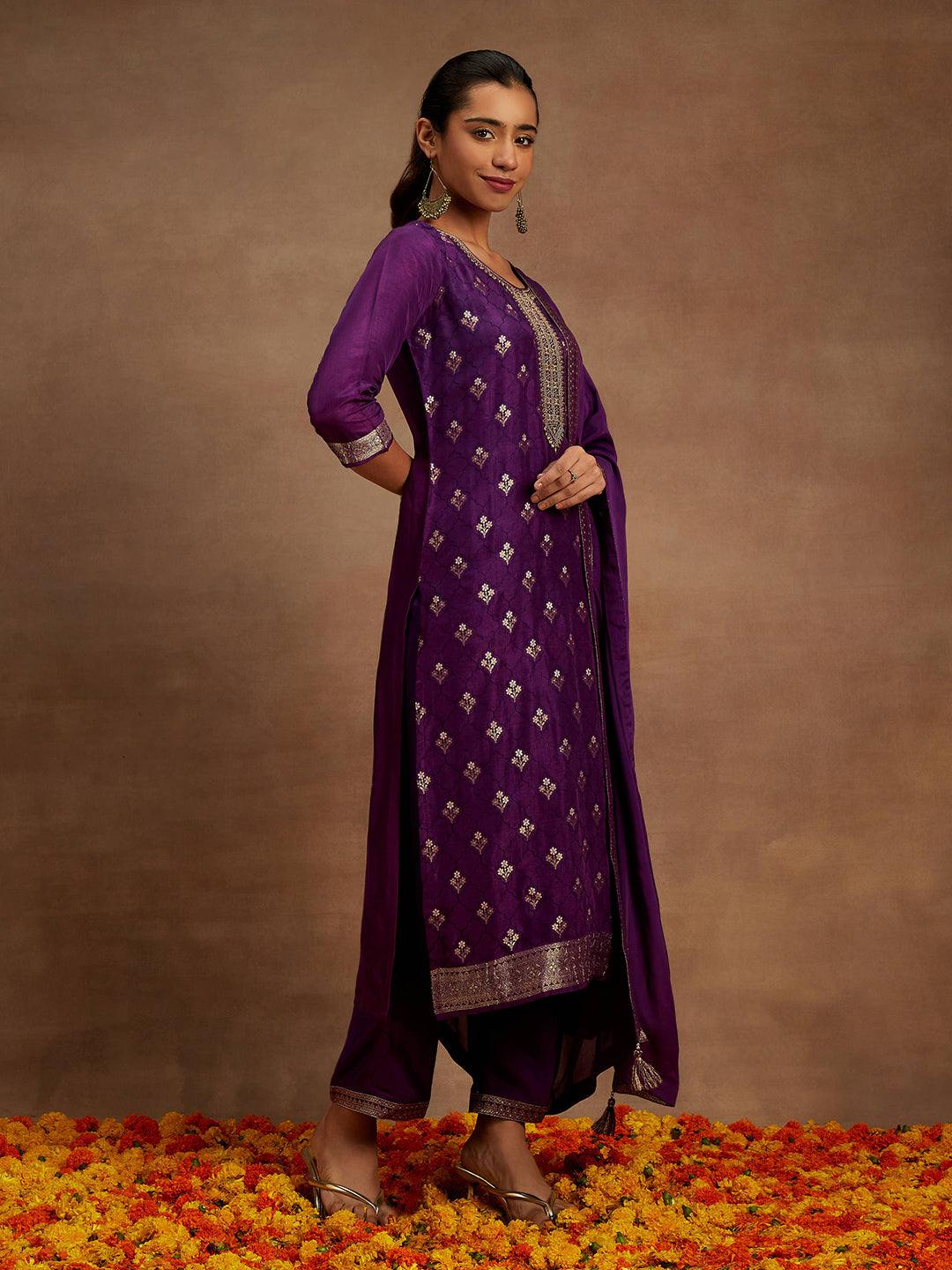 Purple Woven Design Silk Blend Straight Kurta With Trousers & Dupatta - ShopLibas