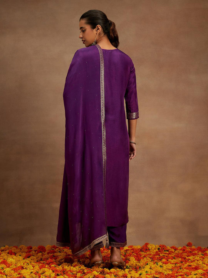 Purple Woven Design Silk Blend Straight Kurta With Trousers & Dupatta - ShopLibas