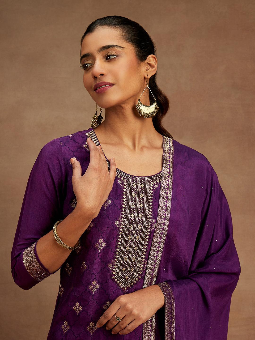 Purple Woven Design Silk Blend Straight Kurta With Trousers & Dupatta - ShopLibas