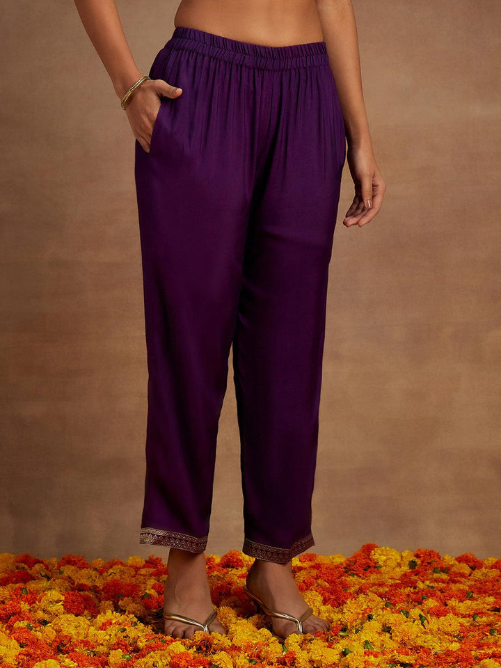 Purple Woven Design Silk Blend Straight Kurta With Trousers & Dupatta - ShopLibas