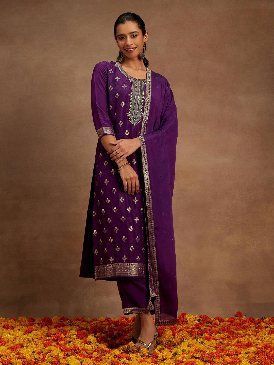 Purple Woven Design Silk Blend Straight Kurta With Trousers & Dupatta - ShopLibas