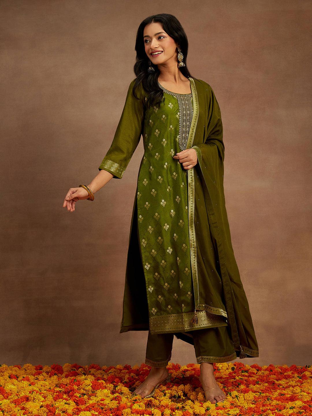 Olive Woven Design Silk Blend Straight Suit With Dupatta