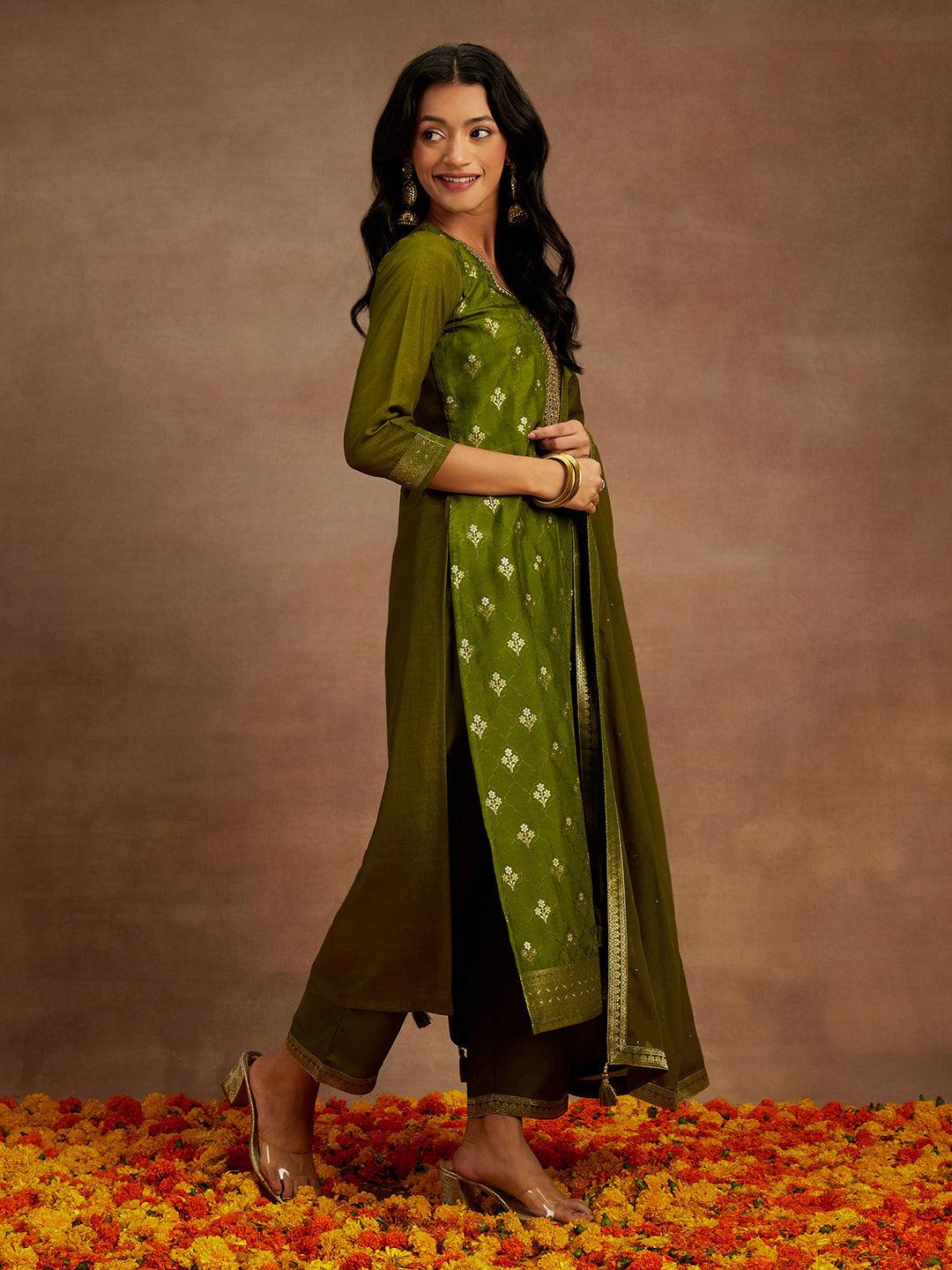 Olive Woven Design Silk Blend Straight Suit With Dupatta