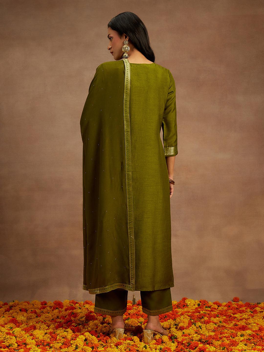 Olive Woven Design Silk Blend Straight Suit With Dupatta