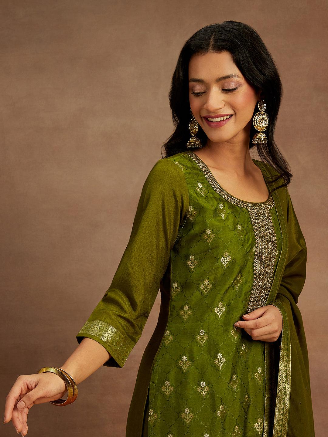 Olive Woven Design Silk Blend Straight Suit With Dupatta