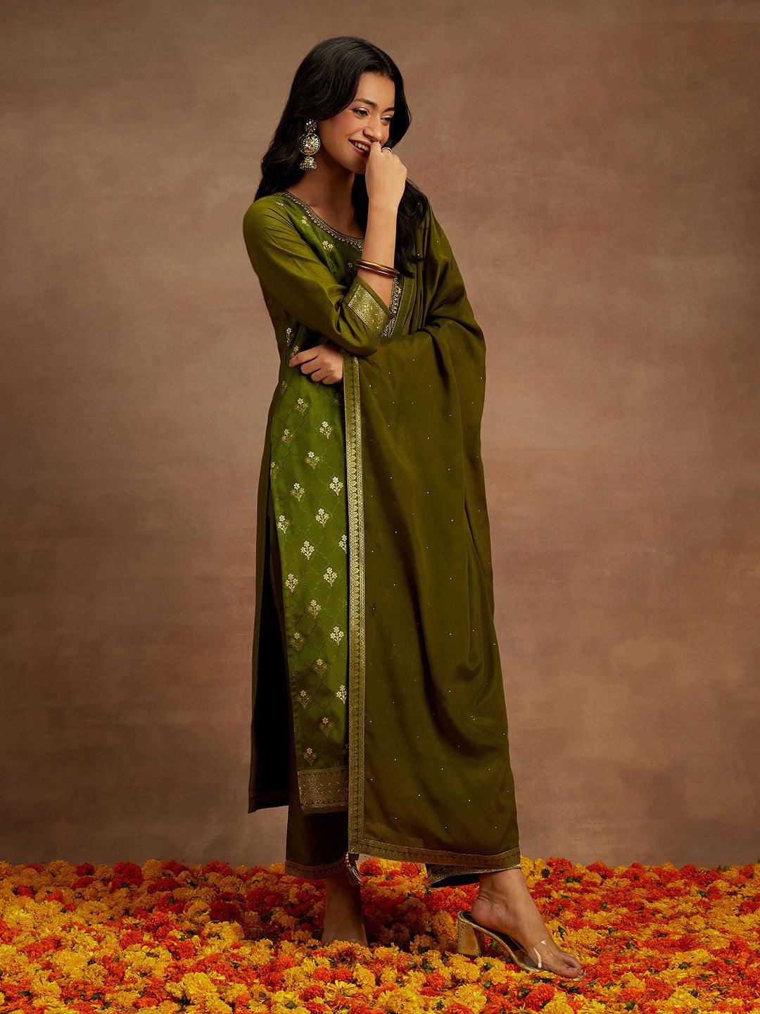 Olive Woven Design Silk Blend Straight Suit With Dupatta