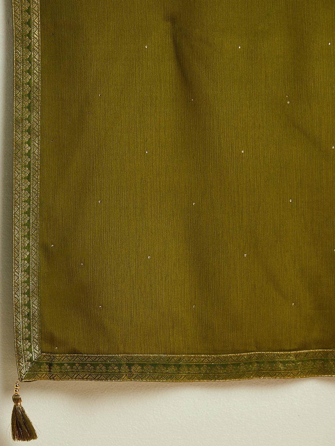 Olive Woven Design Silk Blend Straight Suit With Dupatta