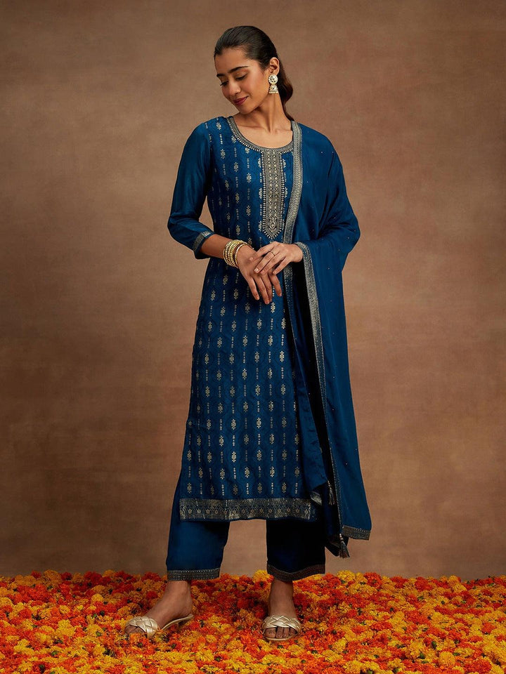 Teal Woven Design Silk Blend Straight Kurta With Trousers & Dupatta - ShopLibas