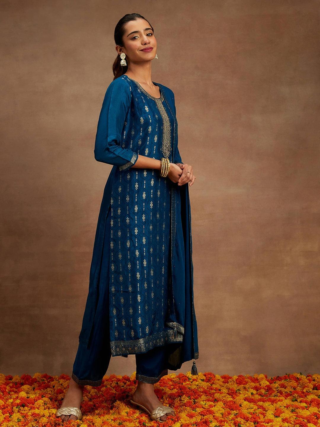 Teal Woven Design Silk Blend Straight Kurta With Trousers & Dupatta - ShopLibas