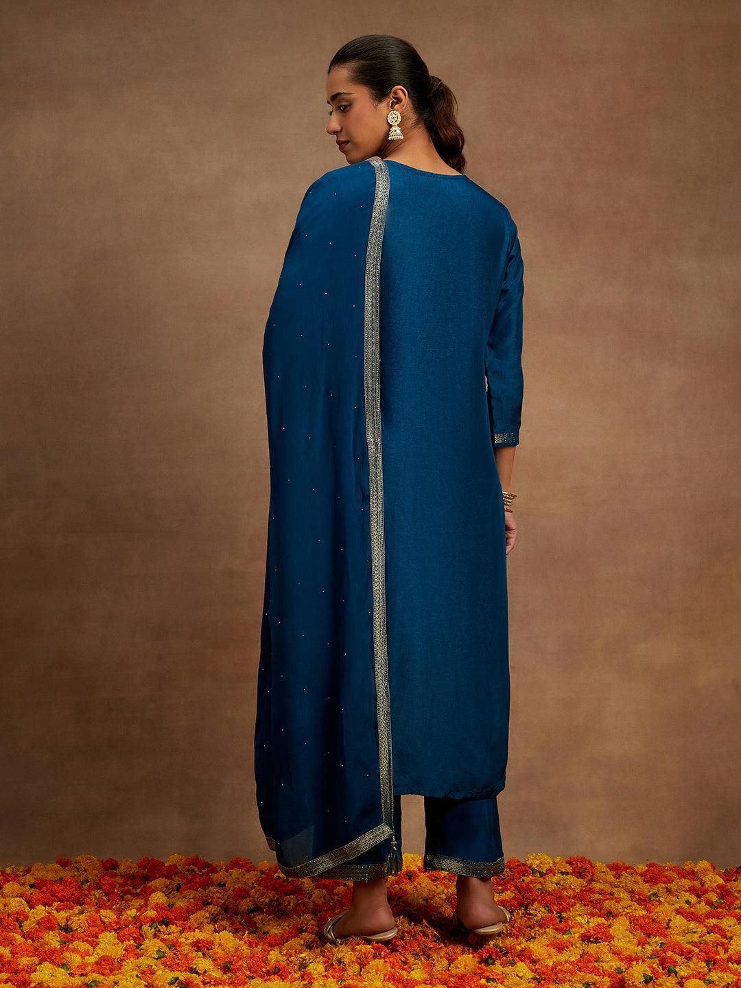 Teal Woven Design Silk Blend Straight Kurta With Trousers & Dupatta - ShopLibas