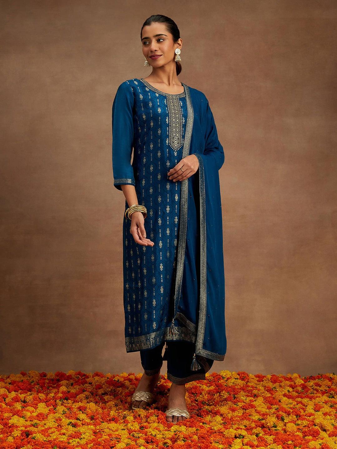 Teal Woven Design Silk Blend Straight Kurta With Trousers & Dupatta - ShopLibas