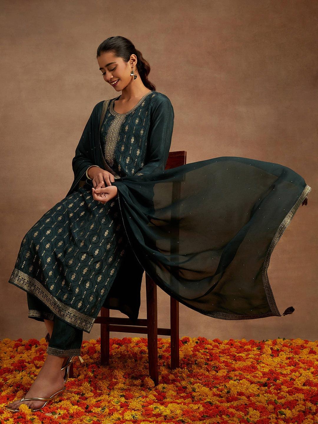 Charcoal Printed Silk Blend Straight Suit With Dupatta