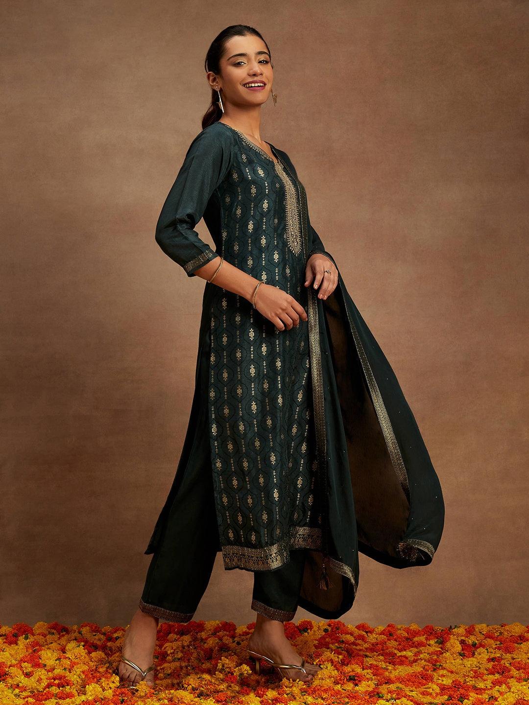 Charcoal Printed Silk Blend Straight Suit With Dupatta