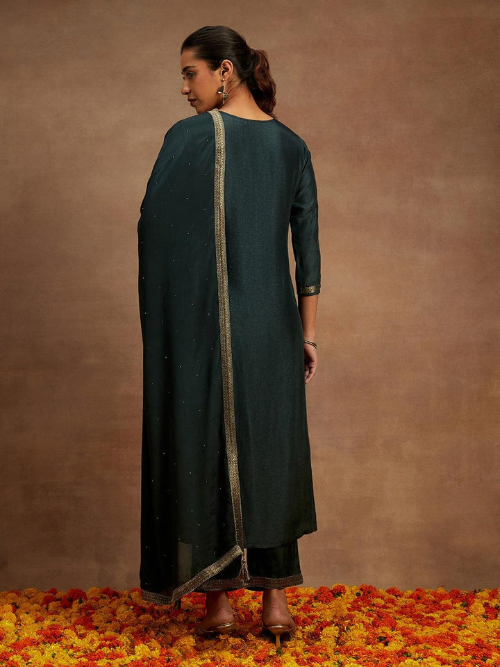 Charcoal Printed Silk Blend Straight Kurta With Trousers & Dupatta - ShopLibas